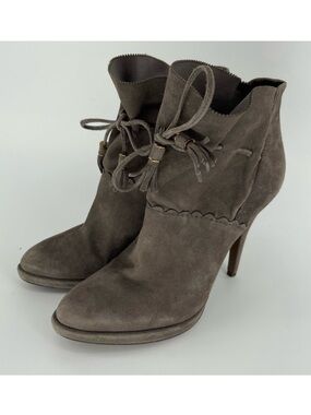 Aerin Maycroft Grey Suede Leather Ruffled Ankle Booties, 4" Heel, Women's 6
